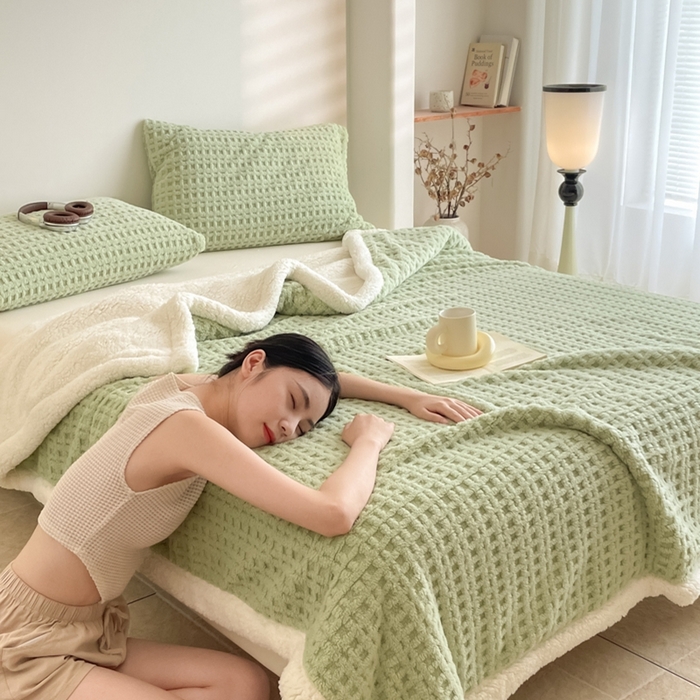 91家纺网 家纺一手货源 找家纺 （总）欧邦 2025新款华夫格双层毯盖毯毯子-场景1