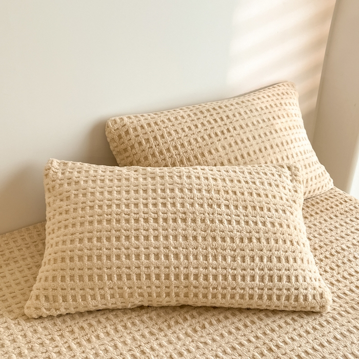 91家纺网 家纺一手货源 找家纺 欧邦 2025新款华夫格塔芙绒单床笠 床笠单件 华夫床笠-卡其