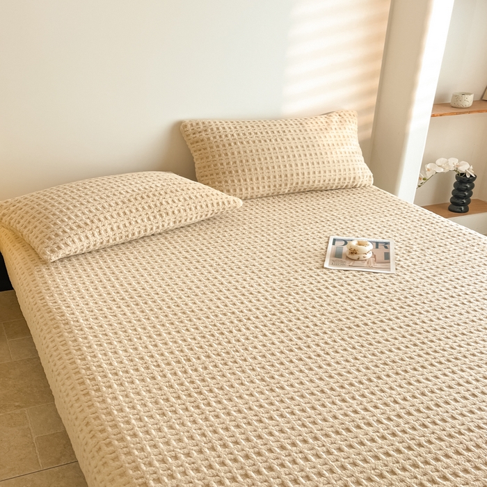 91家纺网 家纺一手货源 找家纺 欧邦 2025新款华夫格塔芙绒单床笠 床笠单件 华夫床笠-卡其