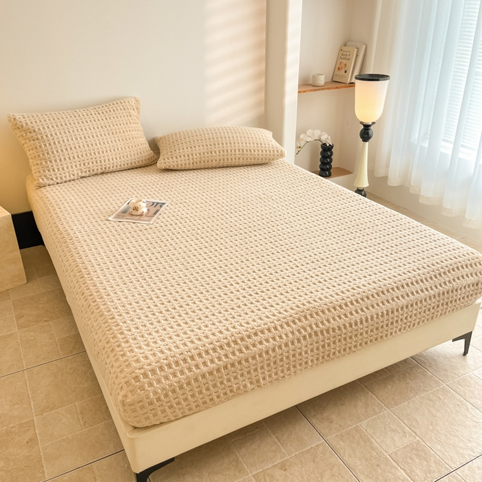 91家纺网 家纺一手货源 找家纺 欧邦 2025新款华夫格塔芙绒单床笠 床笠单件 华夫床笠-卡其