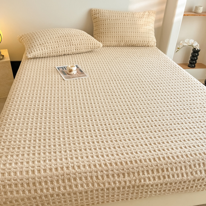 91家纺网 家纺一手货源 找家纺 欧邦 2025新款华夫格塔芙绒单床笠 床笠单件 华夫床笠-卡其