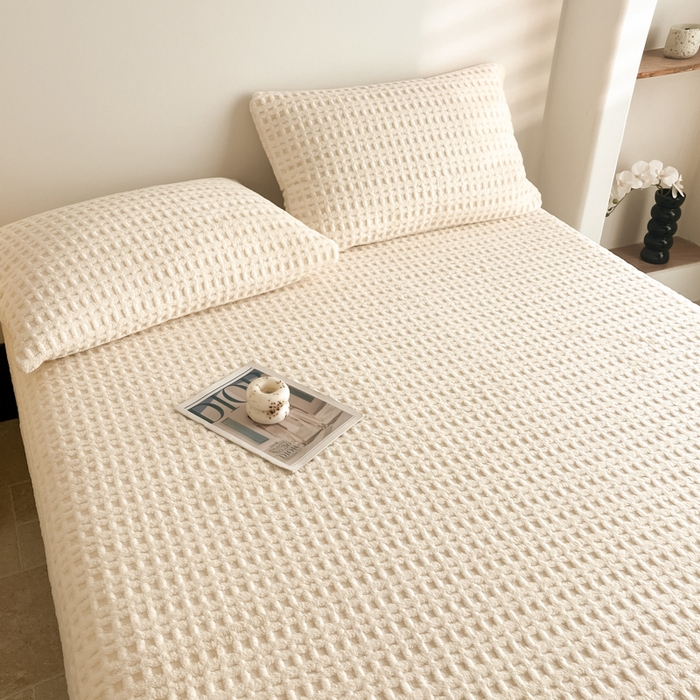 91家纺网 家纺一手货源 找家纺 欧邦 2025新款华夫格塔芙绒单床笠 床笠单件 华夫床笠-米白