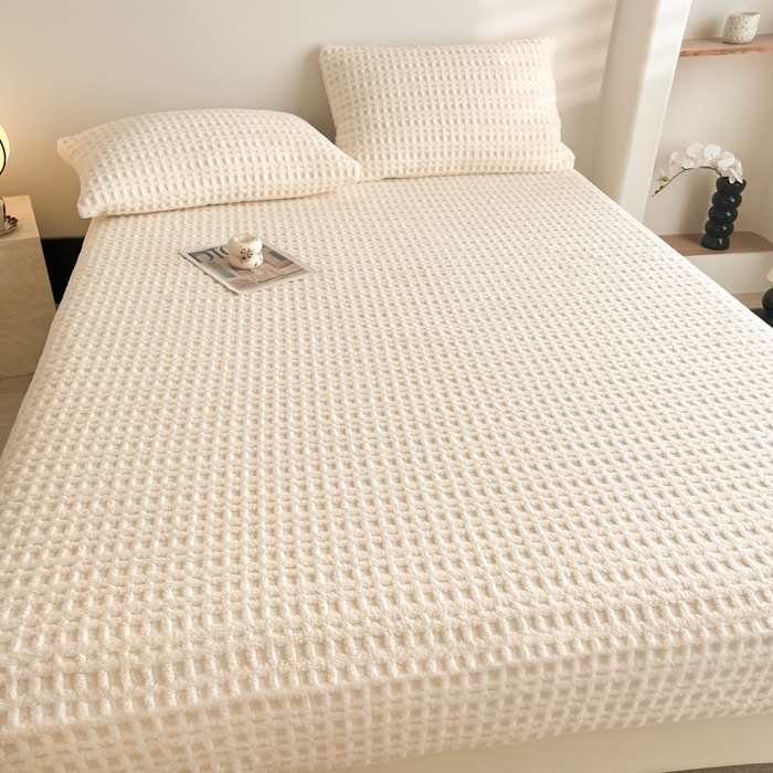 91家纺网 家纺一手货源 找家纺 欧邦 2025新款华夫格塔芙绒单床笠 床笠单件 华夫床笠-米白