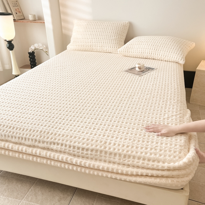 91家纺网 家纺一手货源 找家纺 欧邦 2025新款华夫格塔芙绒单床笠 床笠单件 华夫床笠-米白