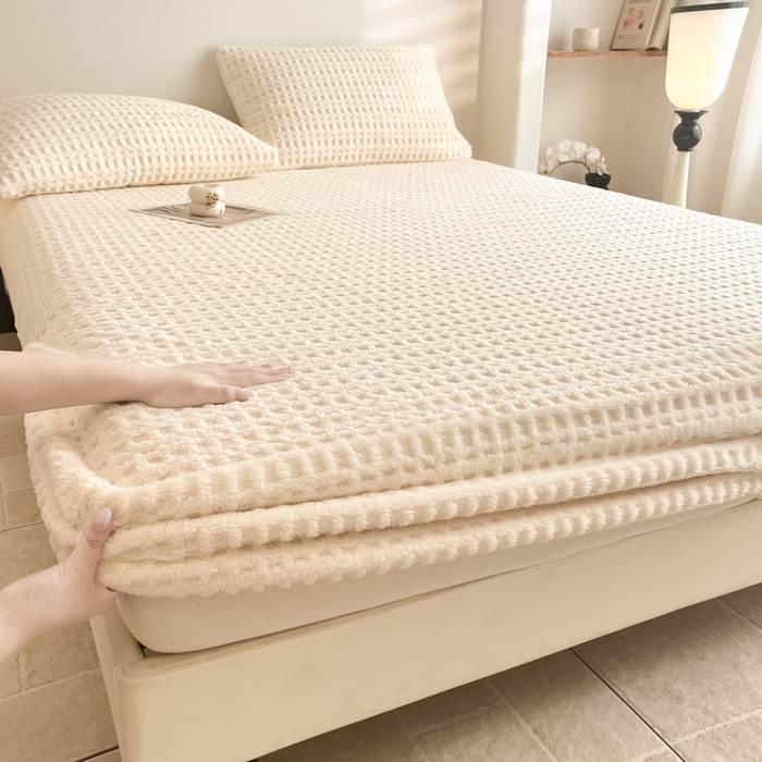 91家纺网 家纺一手货源 找家纺 欧邦 2025新款华夫格塔芙绒单床笠 床笠单件 华夫床笠-米白