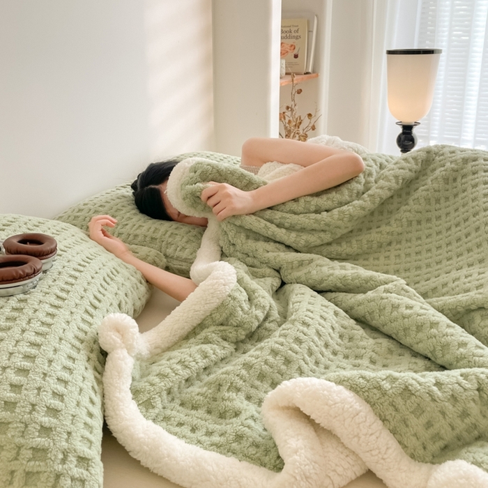 91家纺网 家纺一手货源 找家纺 欧邦 2025新款华夫格双层毯盖毯毯子-场景1 华夫格-果绿