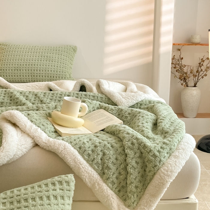 91家纺网 家纺一手货源 找家纺 欧邦 2025新款华夫格双层毯盖毯毯子-场景1 华夫格-果绿