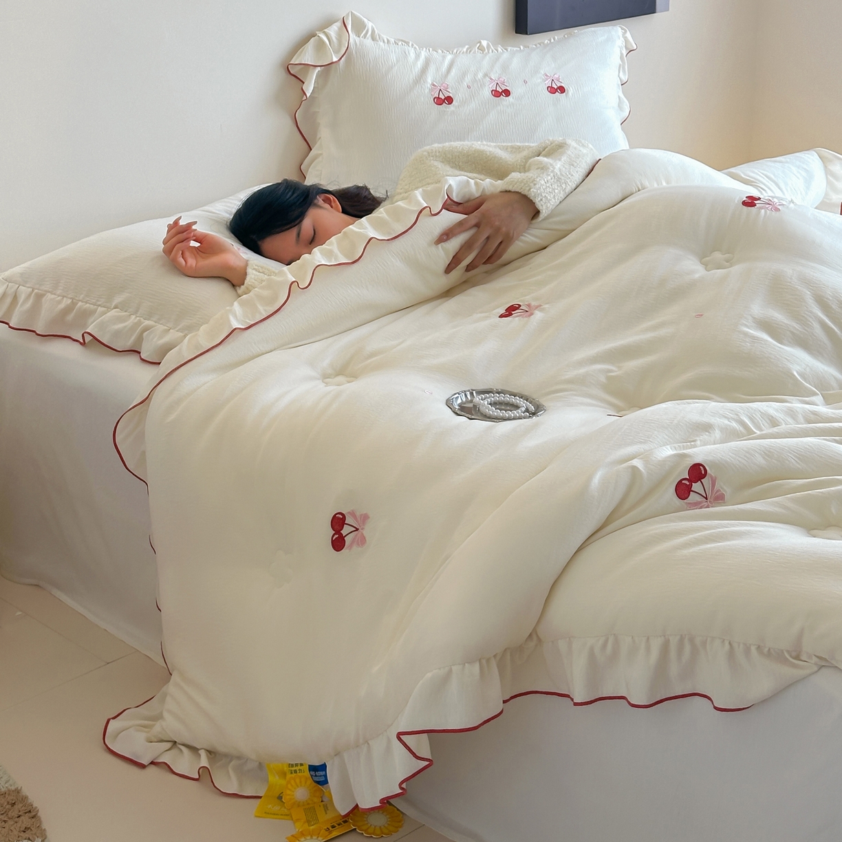 91家纺网 家纺一手货源 找家纺 一加一 2025新款宝宝纱益生菌刺绣抗菌被子被芯 蝶恋樱