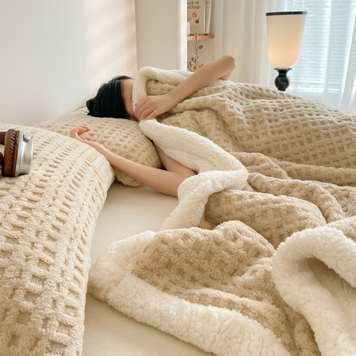 91家纺网 家纺一手货源 找家纺 欧邦 2025新款华夫格双层毯盖毯毯子-场景1 华夫格-卡其