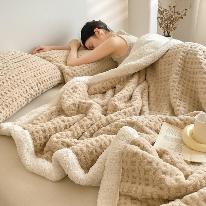 91家纺网 家纺一手货源 找家纺 欧邦 2025新款华夫格双层毯盖毯毯子-场景1 华夫格-卡其