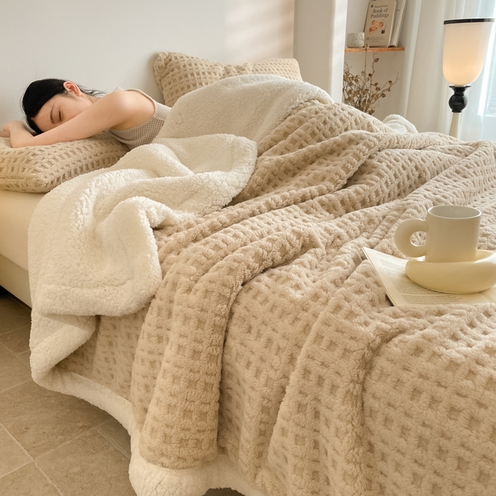 91家纺网 家纺一手货源 找家纺 欧邦 2025新款华夫格双层毯盖毯毯子-场景1 华夫格-卡其