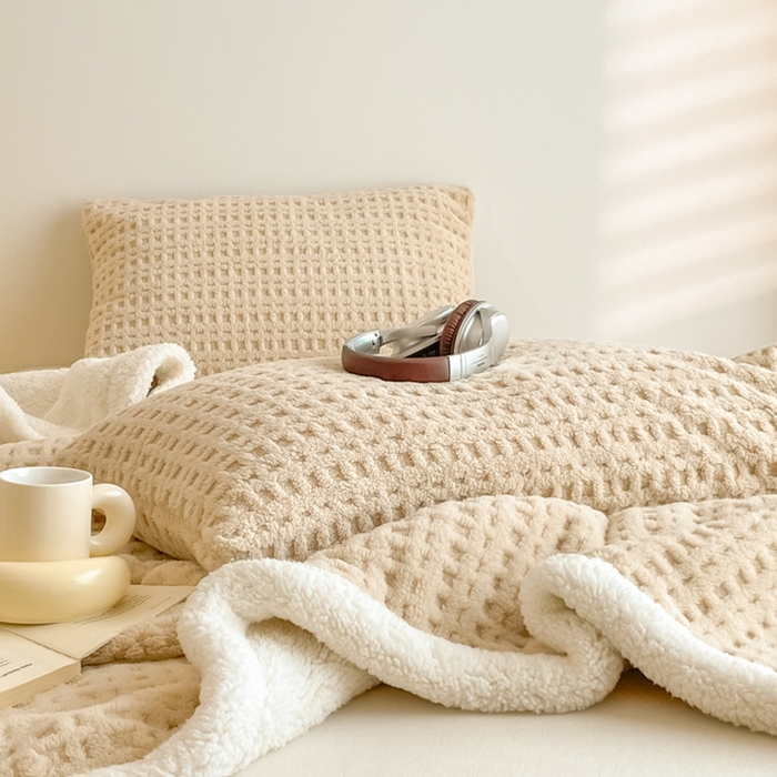 91家纺网 家纺一手货源 找家纺 欧邦 2025新款华夫格双层毯盖毯毯子-场景1 华夫格-卡其