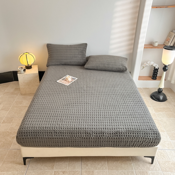 91家纺网 家纺一手货源 找家纺 欧邦 2025新款华夫格塔芙绒单床笠 床笠单件 华夫床笠-深灰