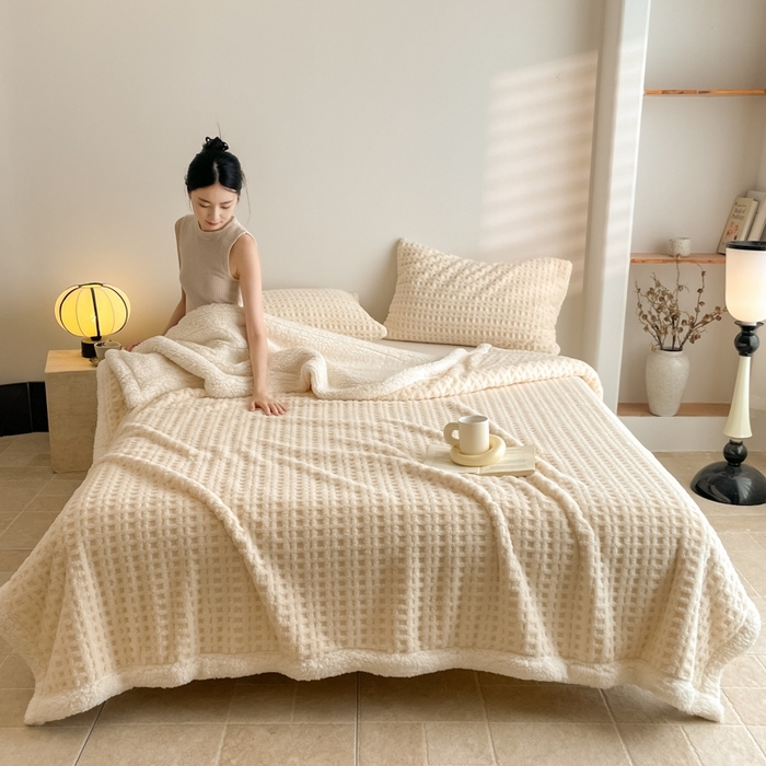 91家纺网 家纺一手货源 找家纺 欧邦 2025新款华夫格双层毯盖毯毯子-场景1 华夫格-米白