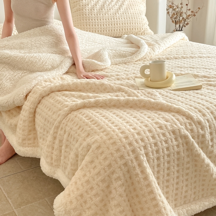 91家纺网 家纺一手货源 找家纺 欧邦 2025新款华夫格双层毯盖毯毯子-场景1 华夫格-米白