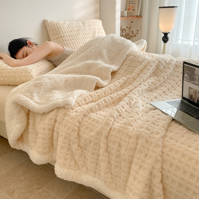 91家纺网 家纺一手货源 找家纺 欧邦 2025新款华夫格双层毯盖毯毯子-场景1 华夫格-米白