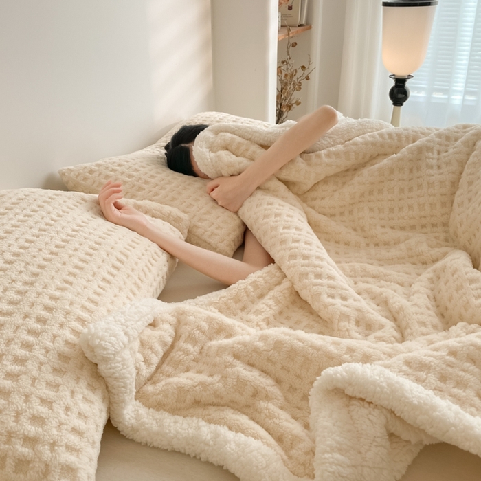 91家纺网 家纺一手货源 找家纺 欧邦 2025新款华夫格双层毯盖毯毯子-场景1 华夫格-米白