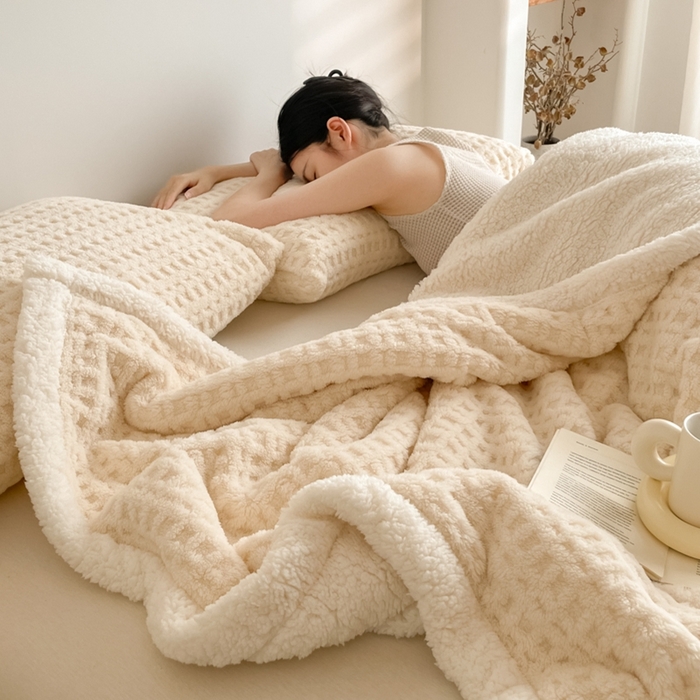 91家纺网 家纺一手货源 找家纺 欧邦 2025新款华夫格双层毯盖毯毯子-场景1 华夫格-米白