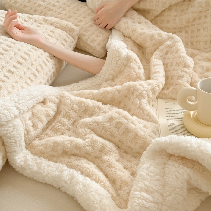 91家纺网 家纺一手货源 找家纺 欧邦 2025新款华夫格双层毯盖毯毯子-场景1 华夫格-米白