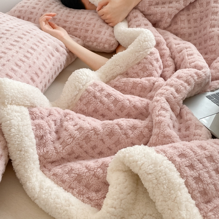 91家纺网 家纺一手货源 找家纺 欧邦 2025新款华夫格双层毯盖毯毯子-场景1 华夫格-浅粉