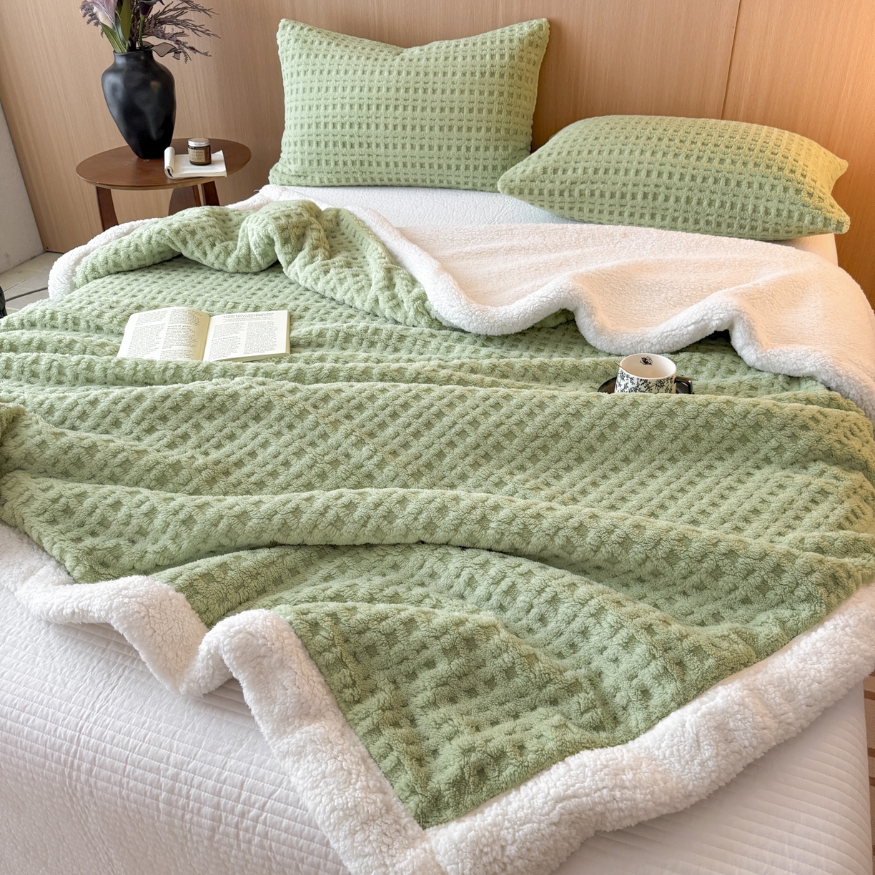 91家纺网 家纺一手货源 找家纺 （总）欧邦 2025新款华夫格羊羔绒双层毯盖毯毯子-场景2