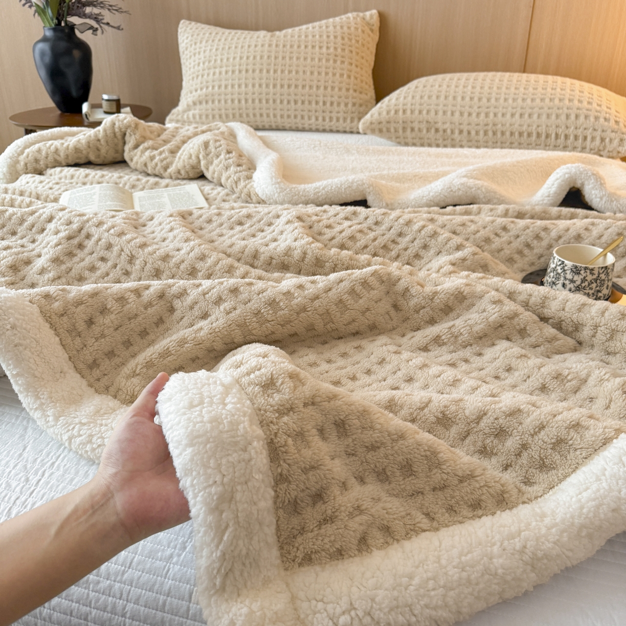 91家纺网 家纺一手货源 找家纺 欧邦 2025新款华夫格羊羔绒双层毯盖毯毯子-场景2 华夫格-卡其
