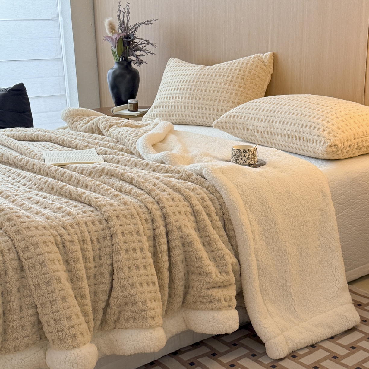 91家纺网 家纺一手货源 找家纺 欧邦 2025新款华夫格羊羔绒双层毯盖毯毯子-场景2 华夫格-卡其