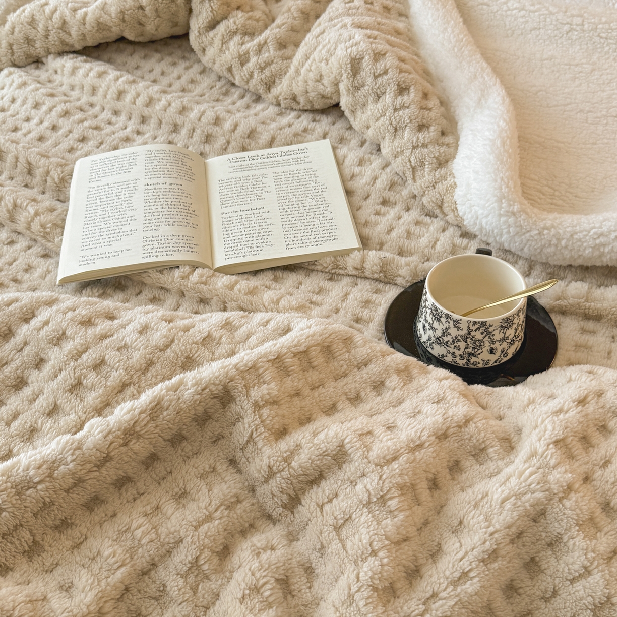 91家纺网 家纺一手货源 找家纺 欧邦 2025新款华夫格羊羔绒双层毯盖毯毯子-场景2 华夫格-卡其