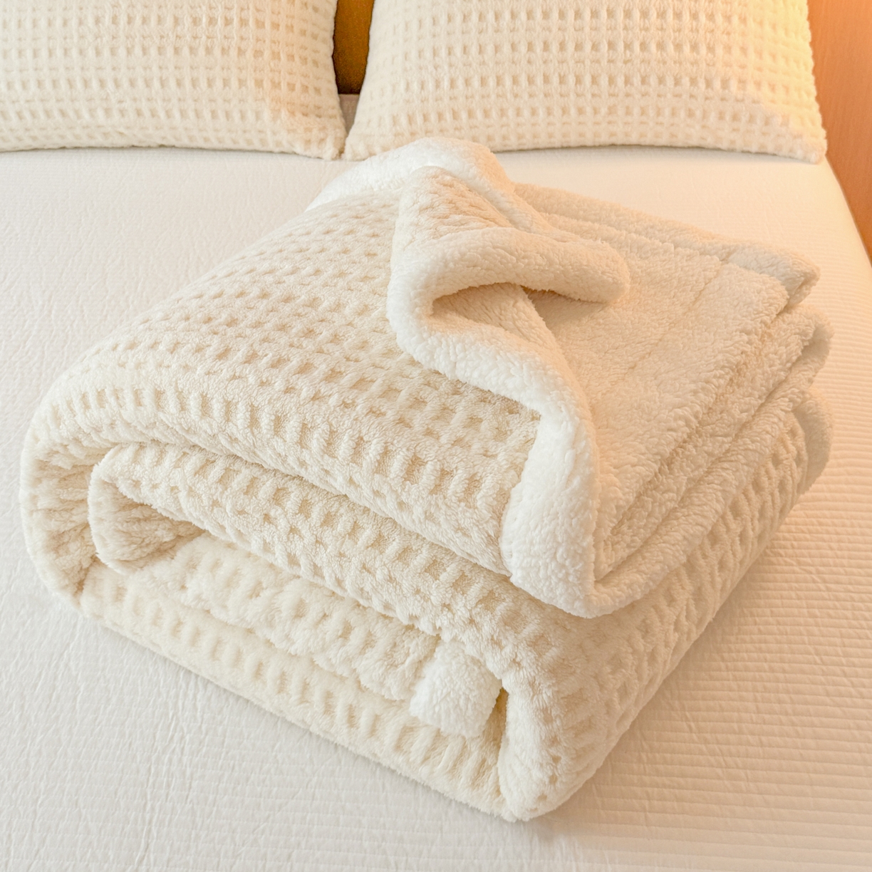 91家纺网 家纺一手货源 找家纺 欧邦 2025新款华夫格羊羔绒双层毯盖毯毯子-场景2 华夫格-米白