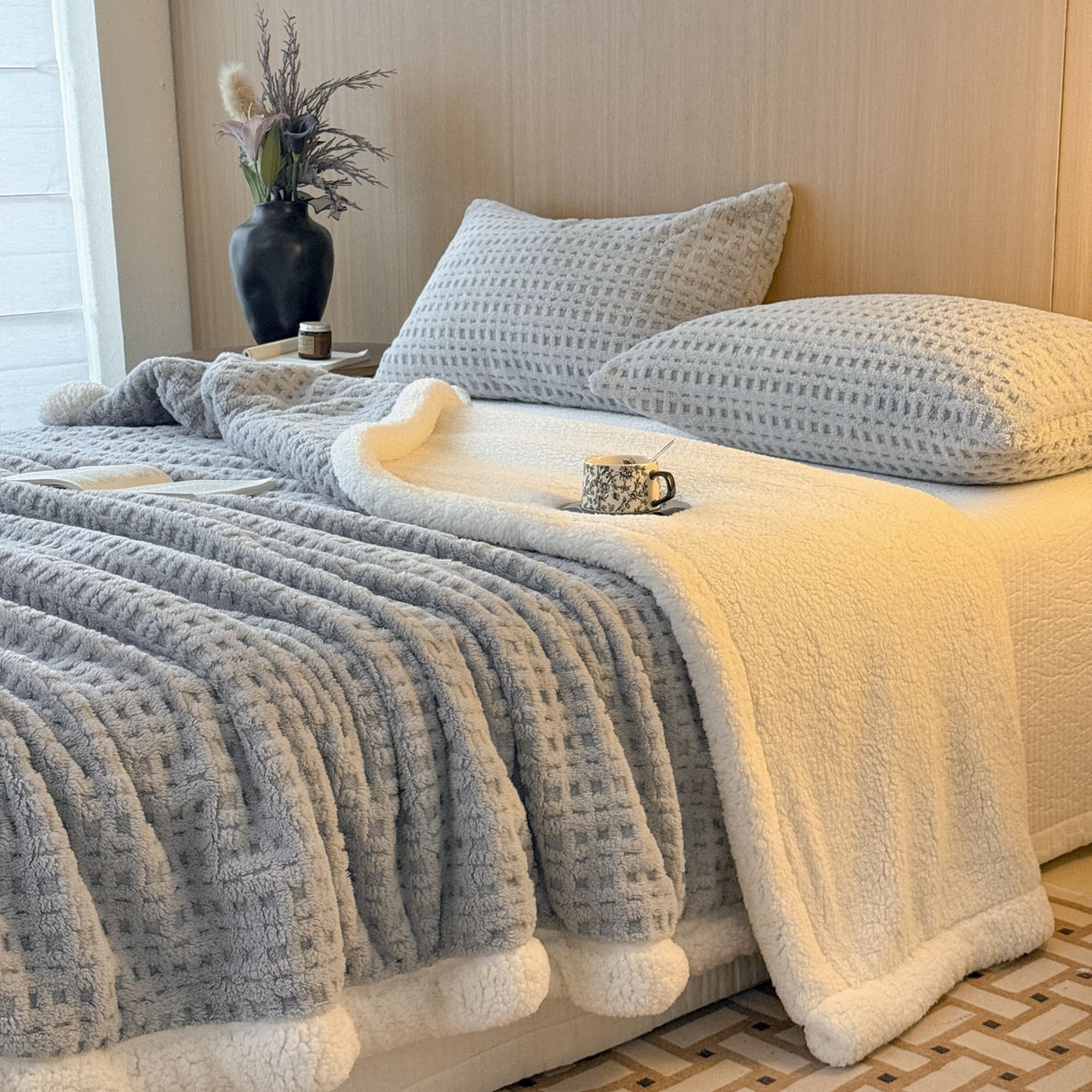 91家纺网 家纺一手货源 找家纺 欧邦 2025新款华夫格羊羔绒双层毯盖毯毯子-场景2 华夫格-烟灰