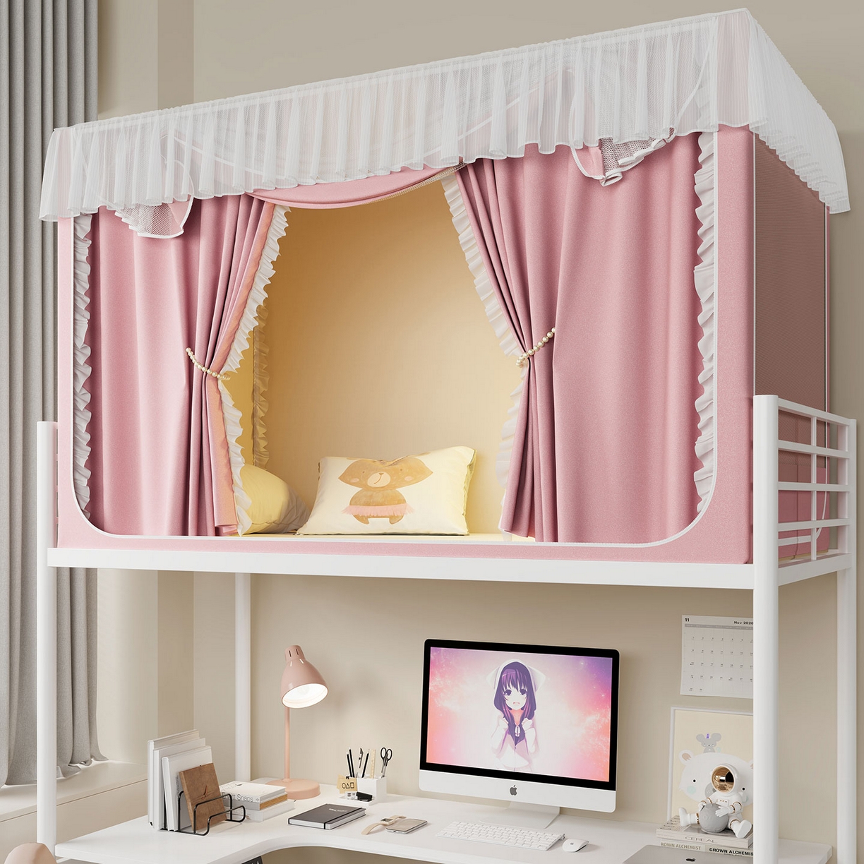 91家纺网 家纺一手货源 找家纺 （总）无瑕家居 2025新款学生上下铺遮光防蚊蚊帐雪纺蕾丝遮光加密蚊帐床幔