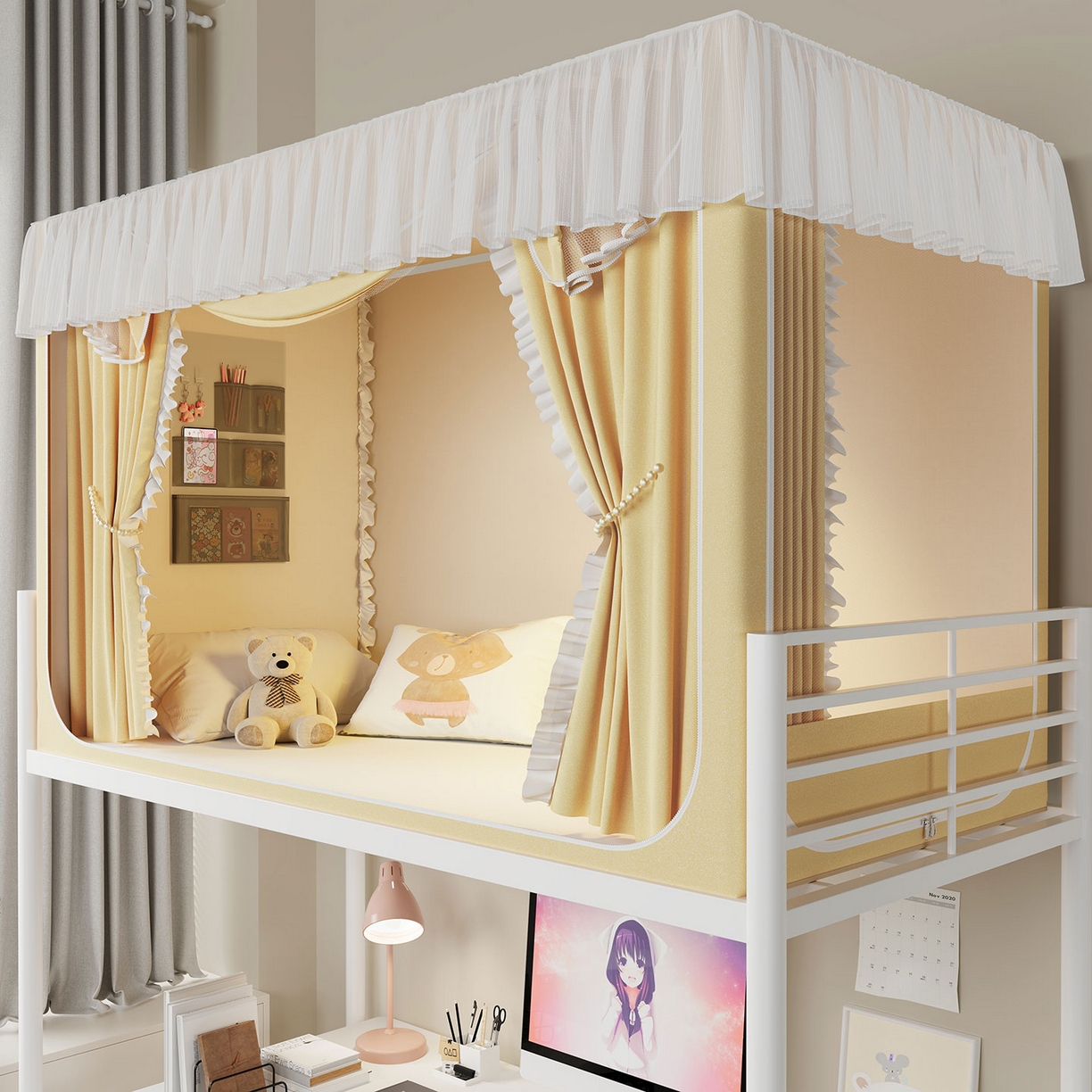 91家纺网 家纺一手货源 找家纺 （总）无瑕家居 2025新款学生上下铺遮光防蚊蚊帐雪纺蕾丝遮光加密蚊帐床幔