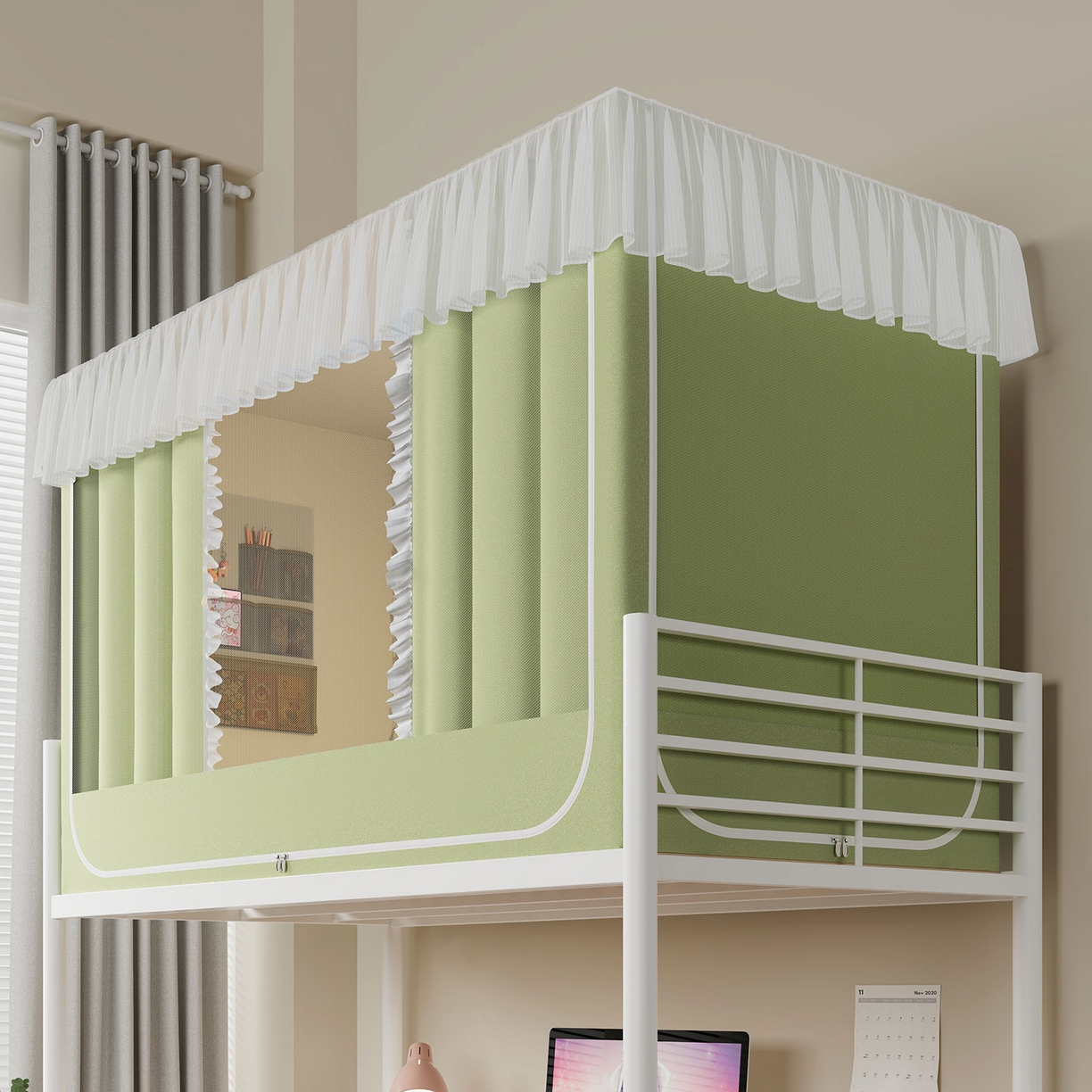 91家纺网 家纺一手货源 找家纺 无瑕家居 2025新款学生上下铺遮光防蚊蚊帐雪纺蕾丝遮光加密蚊帐床幔 豆绿【含靠墙帘 五面遮光】