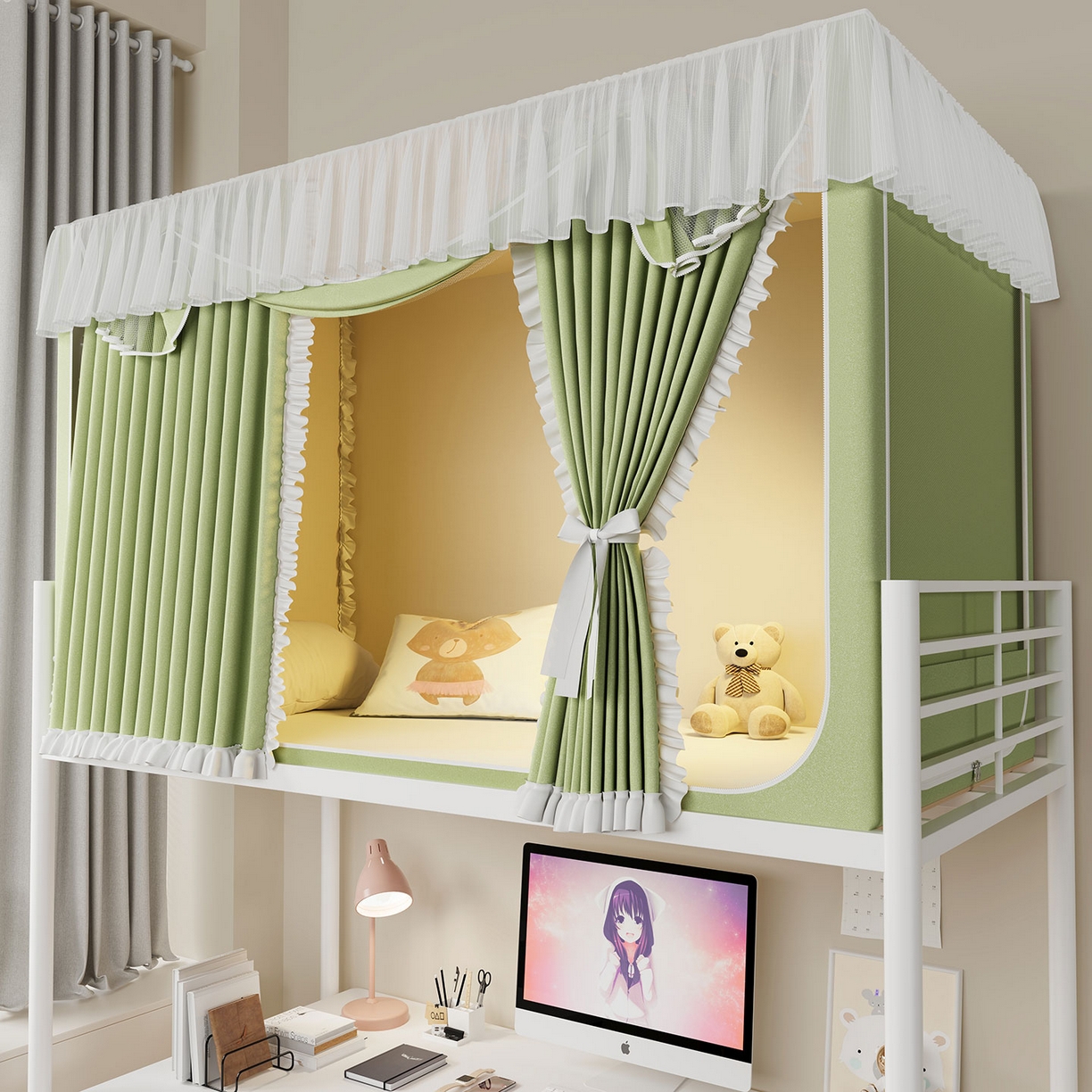 91家纺网 家纺一手货源 找家纺 无瑕家居 2025新款学生上下铺遮光防蚊蚊帐雪纺蕾丝遮光加密蚊帐床幔 豆绿【含靠墙帘 五面遮光】