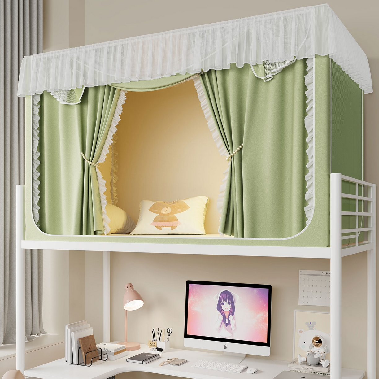 91家纺网 家纺一手货源 找家纺 无瑕家居 2025新款学生上下铺遮光防蚊蚊帐雪纺蕾丝遮光加密蚊帐床幔 豆绿【含靠墙帘 五面遮光】