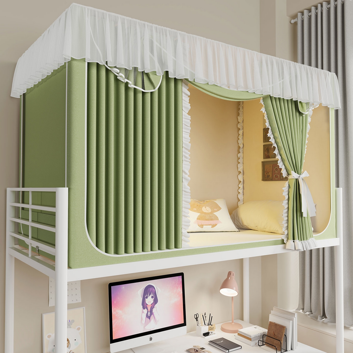 91家纺网 家纺一手货源 找家纺 无瑕家居 2025新款学生上下铺遮光防蚊蚊帐雪纺蕾丝遮光加密蚊帐床幔 豆绿【含靠墙帘 五面遮光】