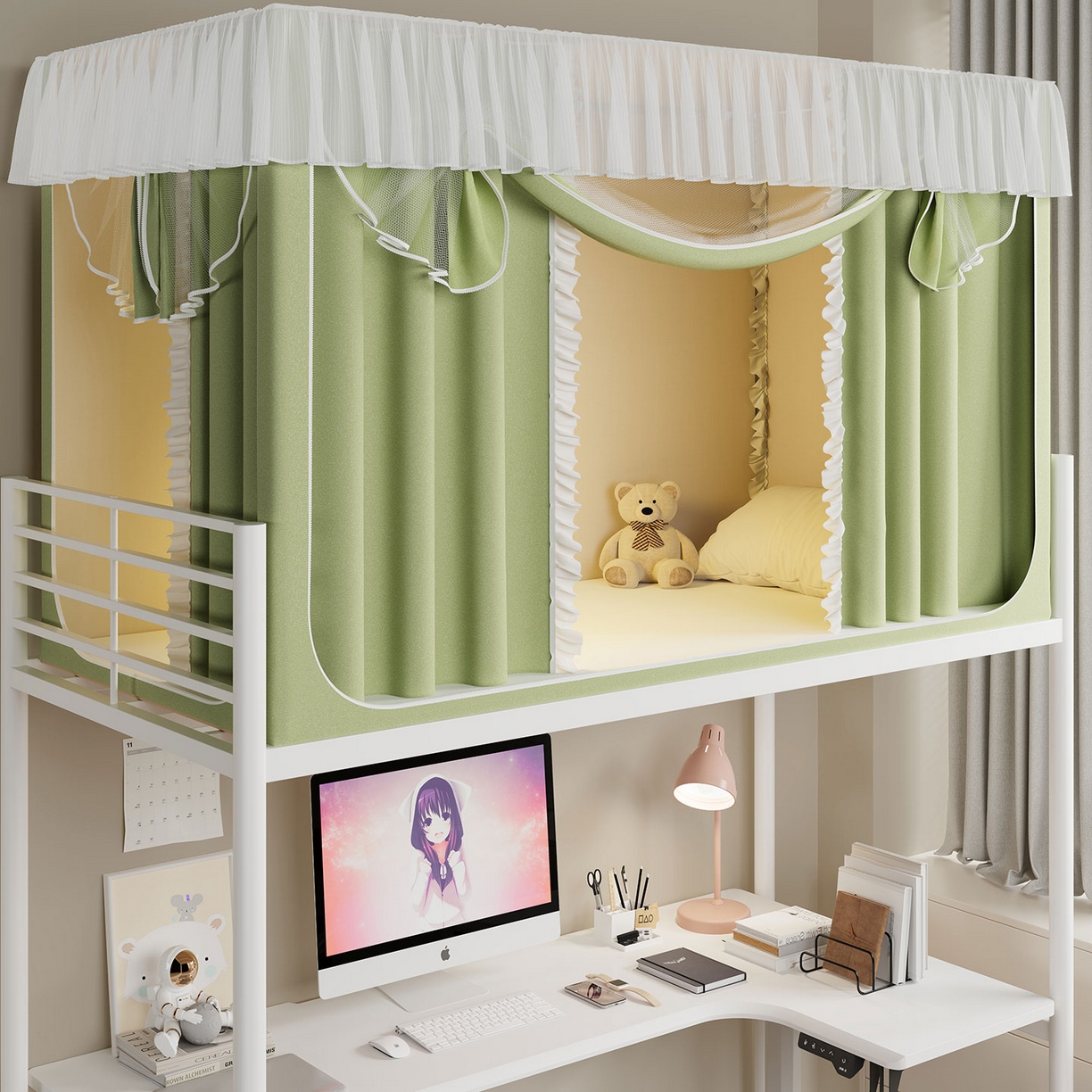 91家纺网 家纺一手货源 找家纺 无瑕家居 2025新款学生上下铺遮光防蚊蚊帐雪纺蕾丝遮光加密蚊帐床幔 豆绿【含靠墙帘 五面遮光】