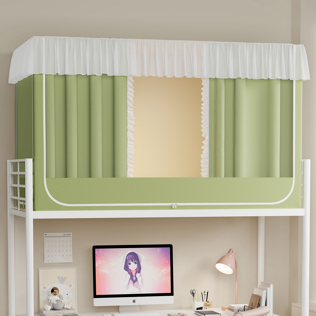 91家纺网 家纺一手货源 找家纺 无瑕家居 2025新款学生上下铺遮光防蚊蚊帐雪纺蕾丝遮光加密蚊帐床幔 豆绿【含靠墙帘 五面遮光】