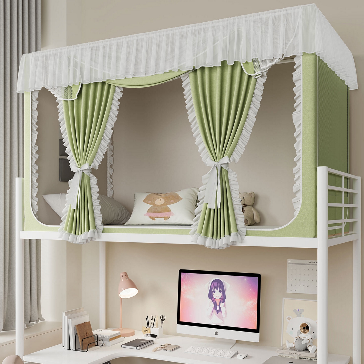 91家纺网 家纺一手货源 找家纺 无瑕家居 2025新款学生上下铺遮光防蚊蚊帐雪纺蕾丝遮光加密蚊帐床幔 豆绿【含靠墙帘 五面遮光】