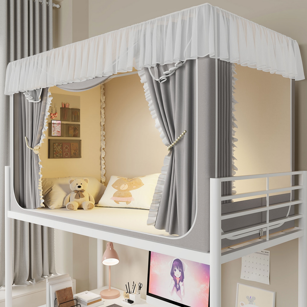 91家纺网 家纺一手货源 找家纺 无瑕家居 2025新款学生上下铺遮光防蚊蚊帐雪纺蕾丝遮光加密蚊帐床幔 灰色【含靠墙帘 五面遮光】