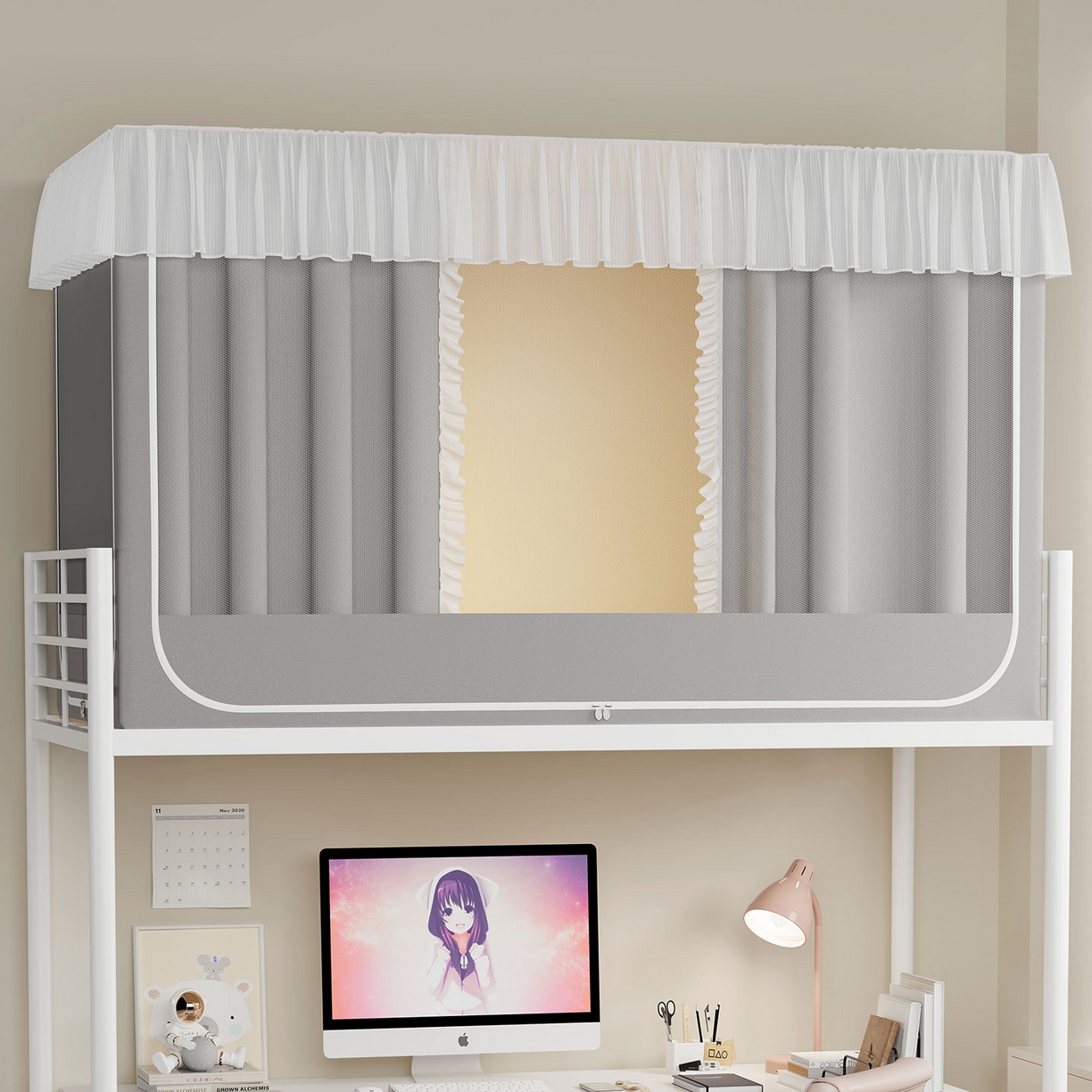 91家纺网 家纺一手货源 找家纺 无瑕家居 2025新款学生上下铺遮光防蚊蚊帐雪纺蕾丝遮光加密蚊帐床幔 灰色【含靠墙帘 五面遮光】