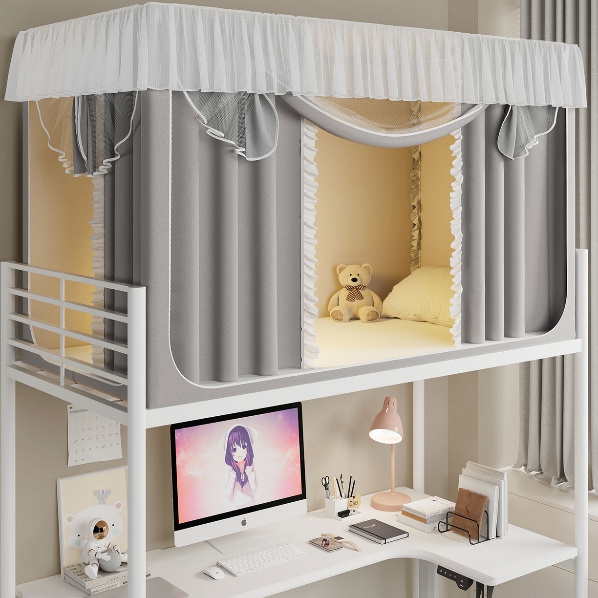 91家纺网 家纺一手货源 找家纺 无瑕家居 2025新款学生上下铺遮光防蚊蚊帐雪纺蕾丝遮光加密蚊帐床幔 灰色【含靠墙帘 五面遮光】