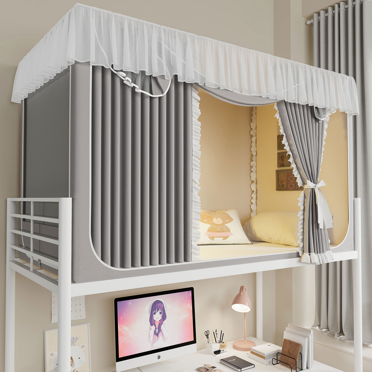 91家纺网 家纺一手货源 找家纺 无瑕家居 2025新款学生上下铺遮光防蚊蚊帐雪纺蕾丝遮光加密蚊帐床幔 灰色【含靠墙帘 五面遮光】