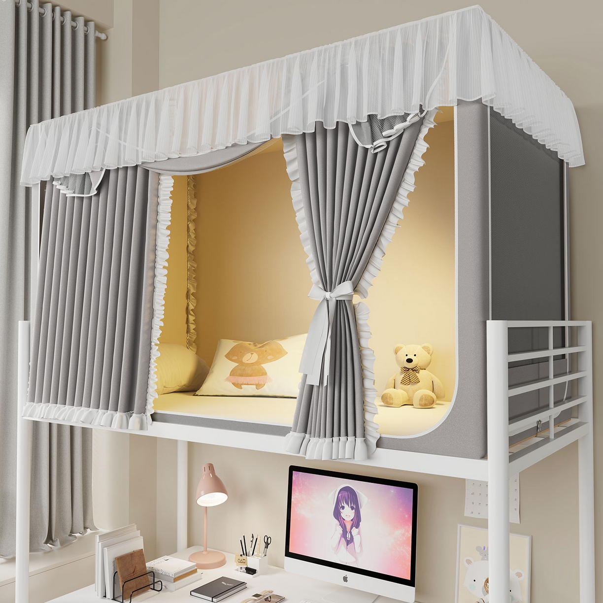 91家纺网 家纺一手货源 找家纺 无瑕家居 2025新款学生上下铺遮光防蚊蚊帐雪纺蕾丝遮光加密蚊帐床幔 灰色【含靠墙帘 五面遮光】