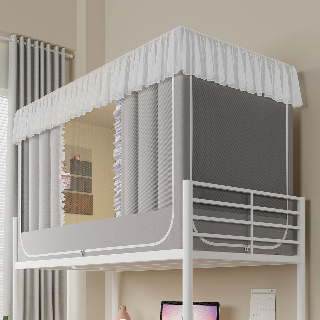 91家纺网 家纺一手货源 找家纺 无瑕家居 2025新款学生上下铺遮光防蚊蚊帐雪纺蕾丝遮光加密蚊帐床幔 灰色【含靠墙帘 五面遮光】