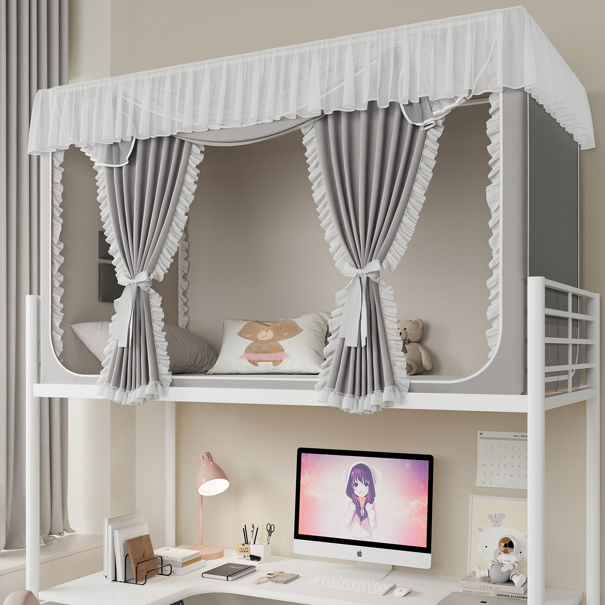 91家纺网 家纺一手货源 找家纺 无瑕家居 2025新款学生上下铺遮光防蚊蚊帐雪纺蕾丝遮光加密蚊帐床幔 灰色【含靠墙帘 五面遮光】