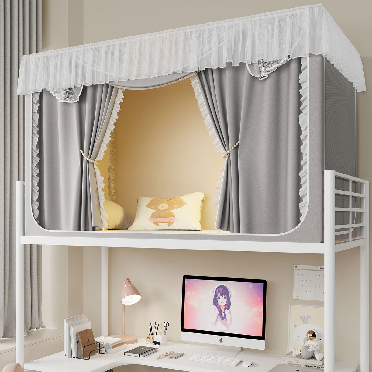 91家纺网 家纺一手货源 找家纺 无瑕家居 2025新款学生上下铺遮光防蚊蚊帐雪纺蕾丝遮光加密蚊帐床幔 灰色【含靠墙帘 五面遮光】