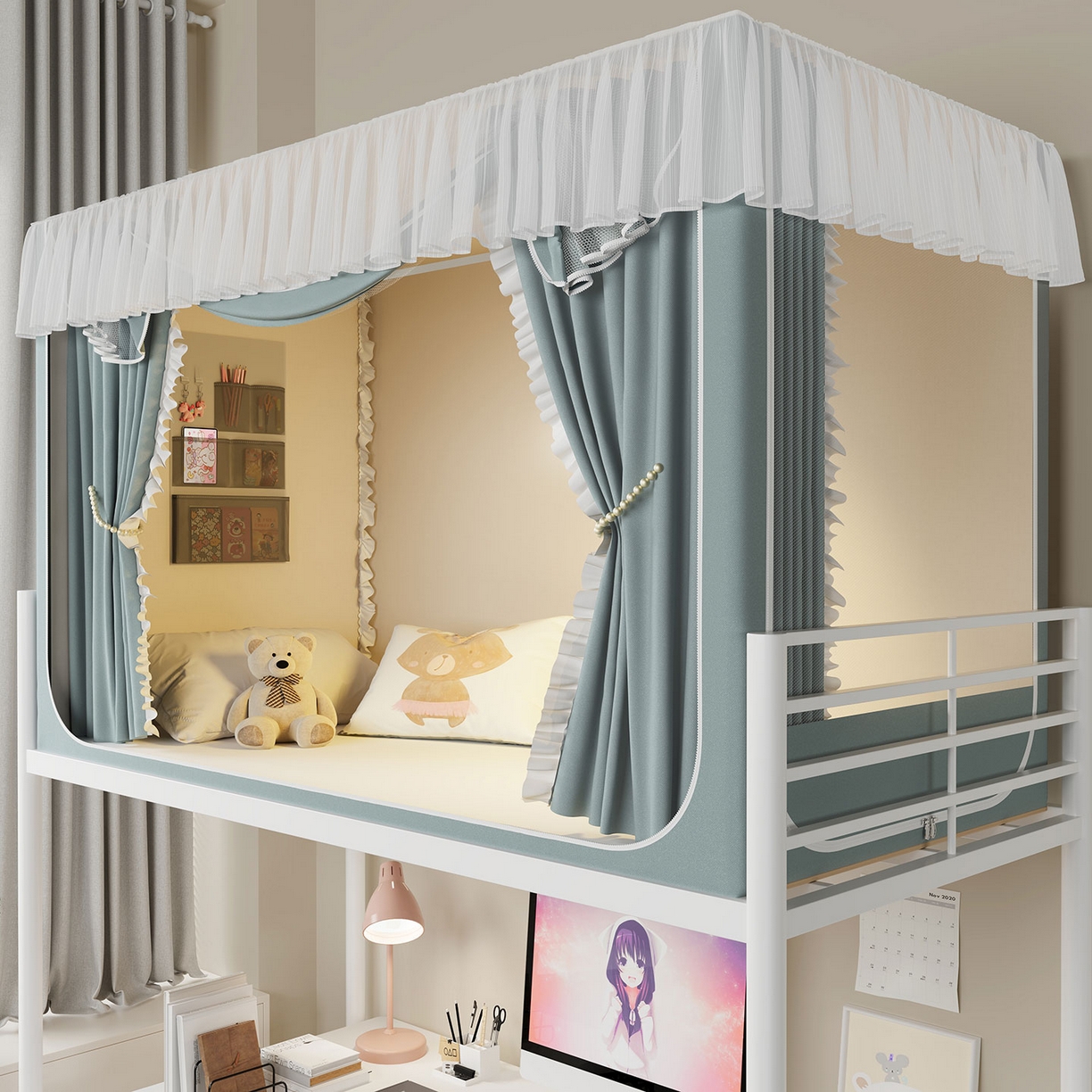 91家纺网 家纺一手货源 找家纺 无瑕家居 2025新款学生上下铺遮光防蚊蚊帐雪纺蕾丝遮光加密蚊帐床幔 墨绿【含靠墙帘 五面遮光】