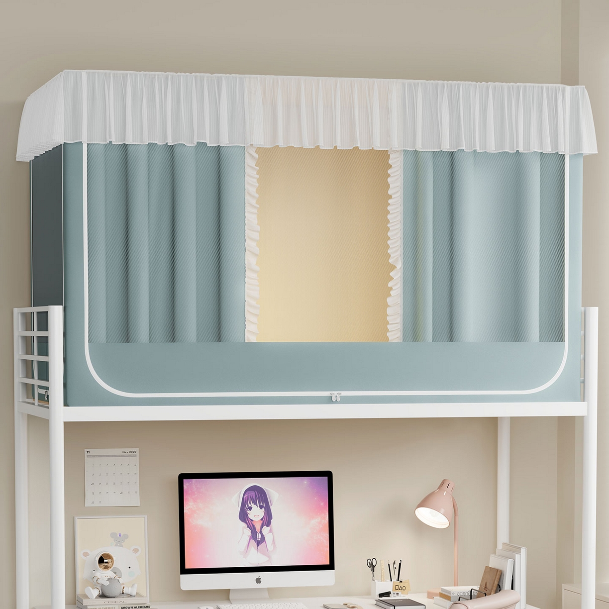 91家纺网 家纺一手货源 找家纺 无瑕家居 2025新款学生上下铺遮光防蚊蚊帐雪纺蕾丝遮光加密蚊帐床幔 墨绿【含靠墙帘 五面遮光】