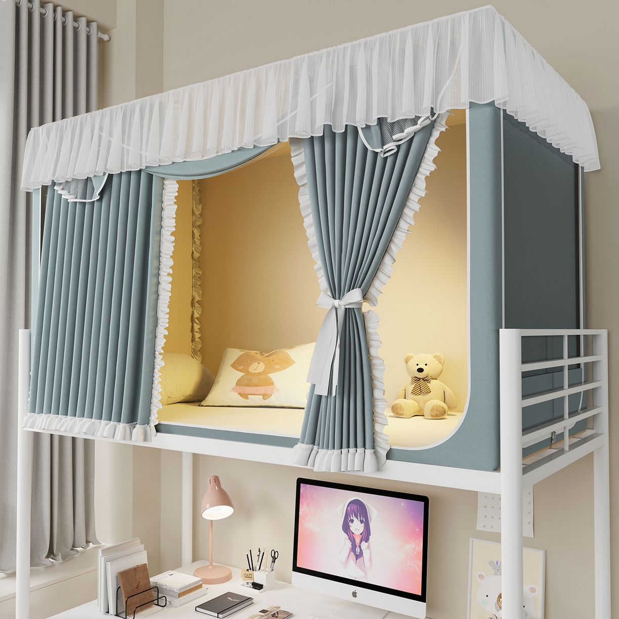 91家纺网 家纺一手货源 找家纺 无瑕家居 2025新款学生上下铺遮光防蚊蚊帐雪纺蕾丝遮光加密蚊帐床幔 墨绿【含靠墙帘 五面遮光】